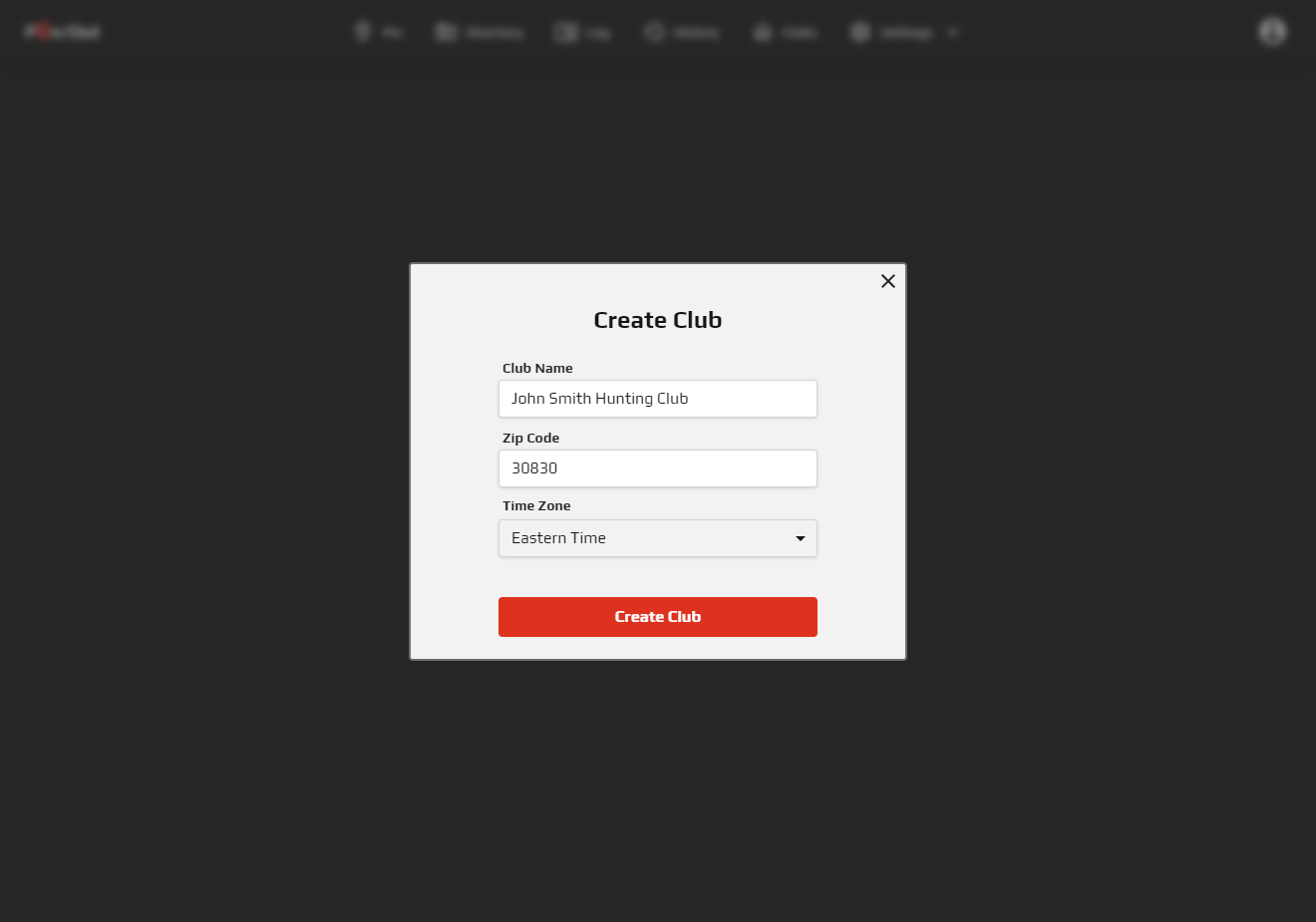 Pin/Out create club form