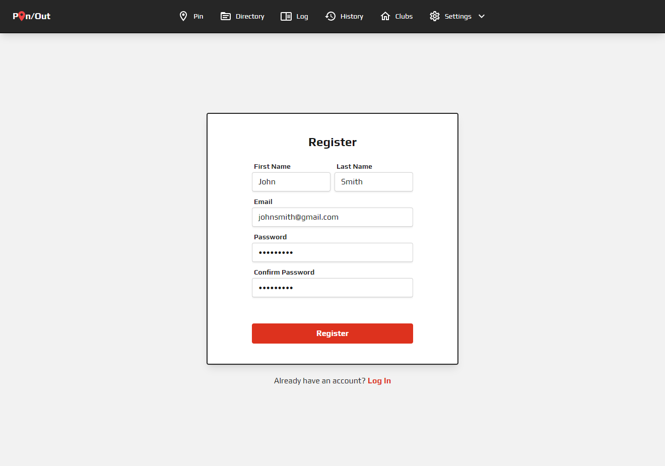 Pin/Out registration page